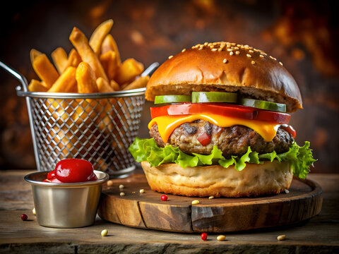 burger with tomateoes lettuce and pickles on a wooden plate and friest at the back