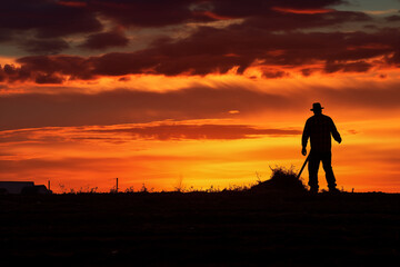 Farmer's silhouette against a backdrop of vibrant sunset colors. Generative AI