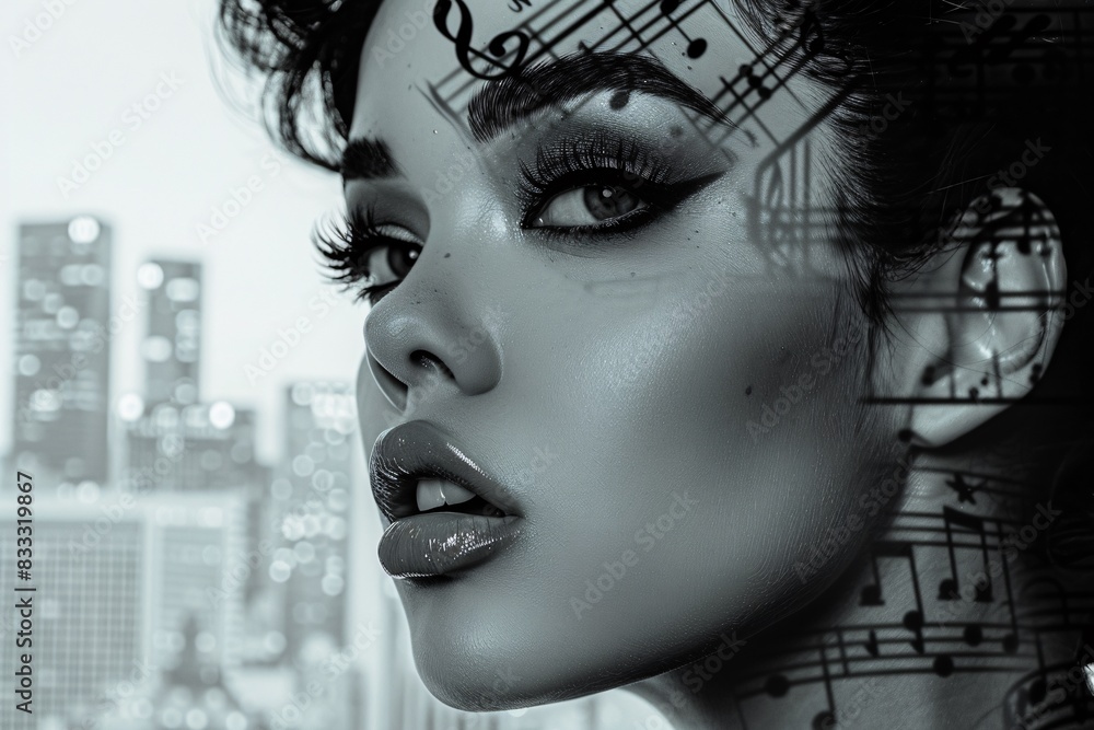 Poster portrait of a singer with the night skyline in the background, creating a dynamic double exposure ef