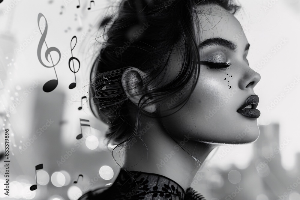 Poster portrait of a singer with the night skyline in the background, creating a dynamic double exposure ef