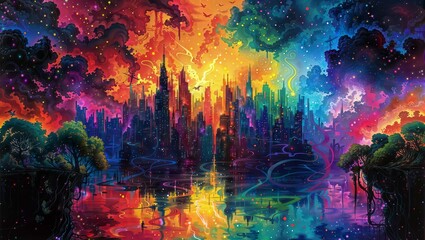 A vibrant and surreal cityscape with towering futuristic skyscrapers, colorful swirling clouds, and reflections in a shimmering river, depicting an urban dreamscape full of imagination.