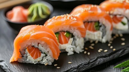 A set of Philadelphia sushi rolls with salmon and cream cheese.

