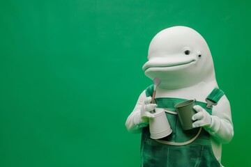 A beluga whale dressed as a gardener, holding a small watering can and a trowel, with a solid green background and copy space