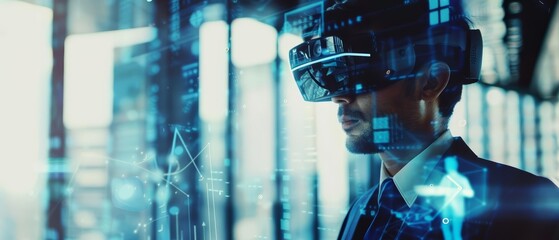 A charismatic concept of a businessman with augmented reality glasses negotiating with holographic figures