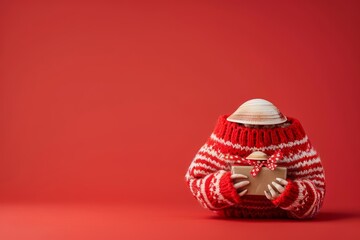 A clam in a festive holiday sweater, holding a tiny gift box, against a solid red background with copy space