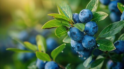 Ripe blueberries hanging on a bush, surrounded by natural greenery.

