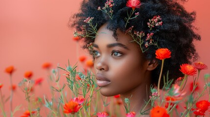 Radiant Complexion Portrait of a Black Skin African Woman and Elaborate Florals and Botanical...