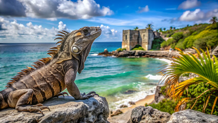 Iguana on rock Tulum ruins Mayan site 