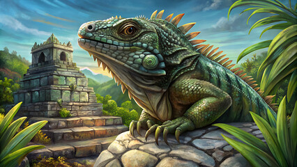 Obraz premium Iguana on rock Tulum ruins Mayan site 