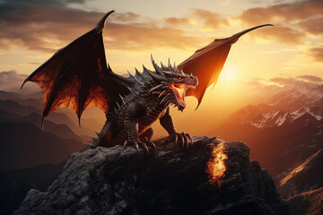 Medieval dragon roaring atop mountain peaks. Generative AI