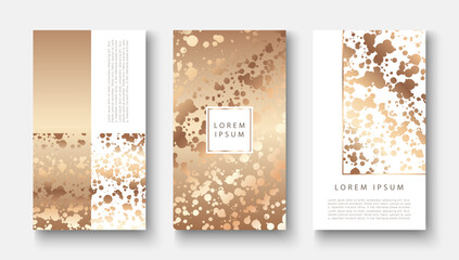 Golden abstract design for covers, posters, banners. Template for stories, menu, postcard with gold splashes or blots.