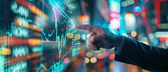 A closeup of a businessman pointing at a financial graph icon
