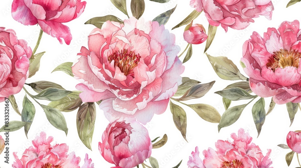 Wall mural Seamless pattern of pink peonies in watercolor style.

