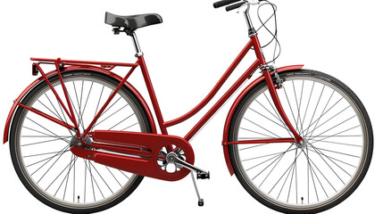 Red bicycle, side view. Black leather saddle and handles. Png clipart isolated on transparent background