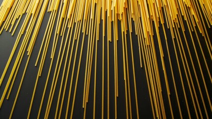 Golden spaghetti strands neatly arranged against a dark backdrop.

