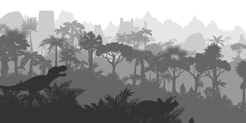 Dinosaur jungle background. Layered landscape with prehistoric rainforest. Parallax effect. Horizontal gray panoramic backdrop with dinosaurs, mountains, palms, trees and bushes. © KsanaGraphica