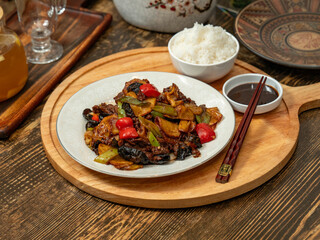 Chinese food on the wooden table