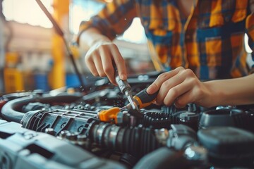Auto mechanic working under the hood of a car, Hands of mechanic using power tool on car engine, highlighting technical expertise in vehicle maintenance.