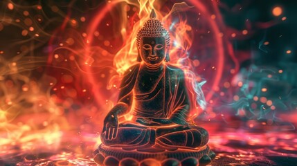 A glowing Buddha statue surrounded by a bright, colorful aura, showcasing dynamic energy fields --ar 16:9 Job ID: ebe23ec4-b8b8-4614-a9a0-c523b70c4b41