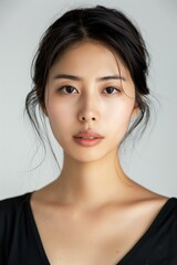 Fototapeta premium young East Asian woman with her hair tied back, wearing natural makeup, studio shot, white background