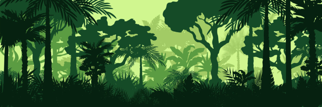 Jungle landscape. Layered background with rainforest. Parallax effect. Horizontal green panoramic backdrop with palms, trees and bushes.