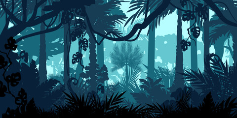 Jungle landscape. Layered background with rainforest. Parallax effect. Horizontal blue backdrop with lianas, palms, trees and bushes.