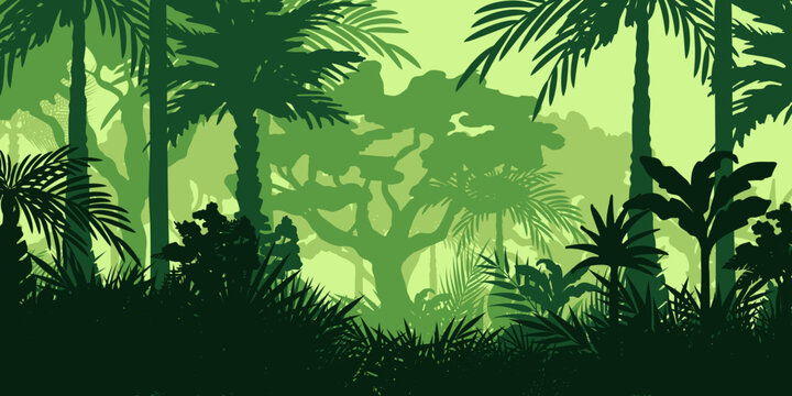 Jungle landscape. Layered background with rainforest. Parallax effect. Horizontal green backdrop with palms, trees and bushes.