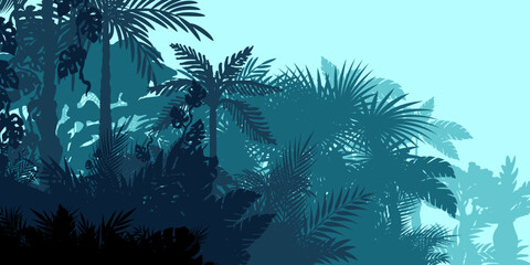 Jungle landscape. Layered background with rainforest. Parallax effect. Horizontal blue backdrop with palms, trees and bushes.