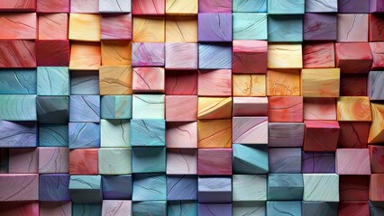 A vibrant, abstract 3D artwork featuring a grid of multicolored, textured cubes with a marble-like finish, showcasing a spectrum of colors from blue, pink, and yellow to purple, orange, and red.