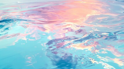 Reflections on a still water surface, blending sky and water with fluid, mirrored shapes in a symphony of blues, whites, and soft sunset colors, ai generated