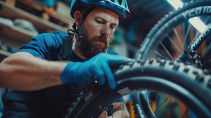 A bike repair expert fitting a new set of tires on a mountain bike for better traction