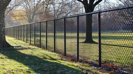 A chain link fence around the park
