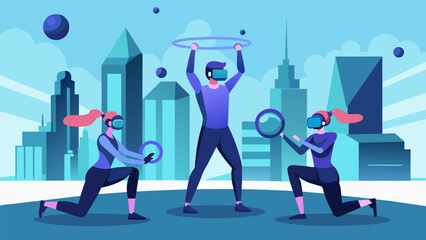 Fototapeta premium In a futuristic cityscape individuals can be seen performing a variety of VR kettlebell exercises from halos to figure eights.. Vector illustration