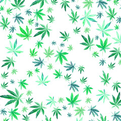 Cannabis pattern isolated on white background, green leaves Hand drawn watercolor illustration, medicine herb plant