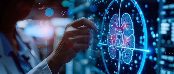 Closeup of nephrology with Glow HUD big Icon of kidney function