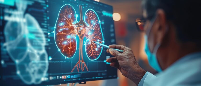 Closeup of nephrology with Glow HUD big Icon of kidney function