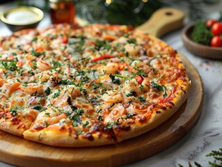 Seafood Pizza on Wooden Pizza Tray
