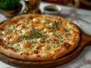 Seafood Pizza on Wooden Pizza Tray