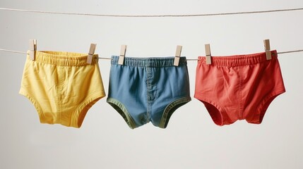 Men s boxer shorts drying on a clothesline against a white backdrop
