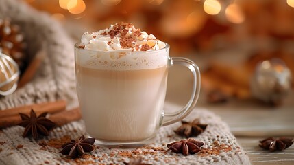 a chai tea latte with frothy milk, centered with sharp detail and a warm backdrop.