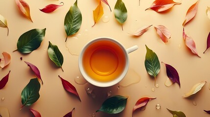 Top virew of  a cup of herbal tea with floating leaves