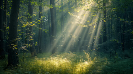 Sunbeams illuminating a serene forest with vibrant greenery