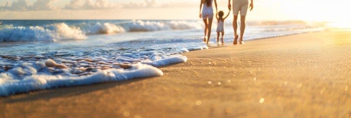 Loving family with child walking on a sandy beach during a beautiful sunset, enjoying their time together Generated AI