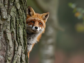 Obraz premium A fox with bright eyes stares out from behind a tree, blending into the shadows.