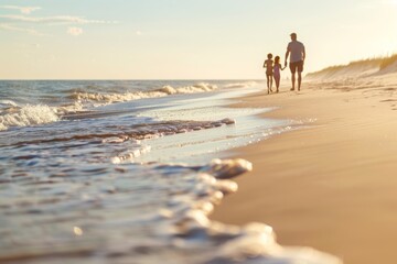 A family walks along the beach at sunset, holding hands and enjoying the tranquil ocean waves. Generated AI