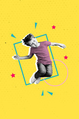 Vertical composite collage image picture of black white colors boy jump isolated on creative...
