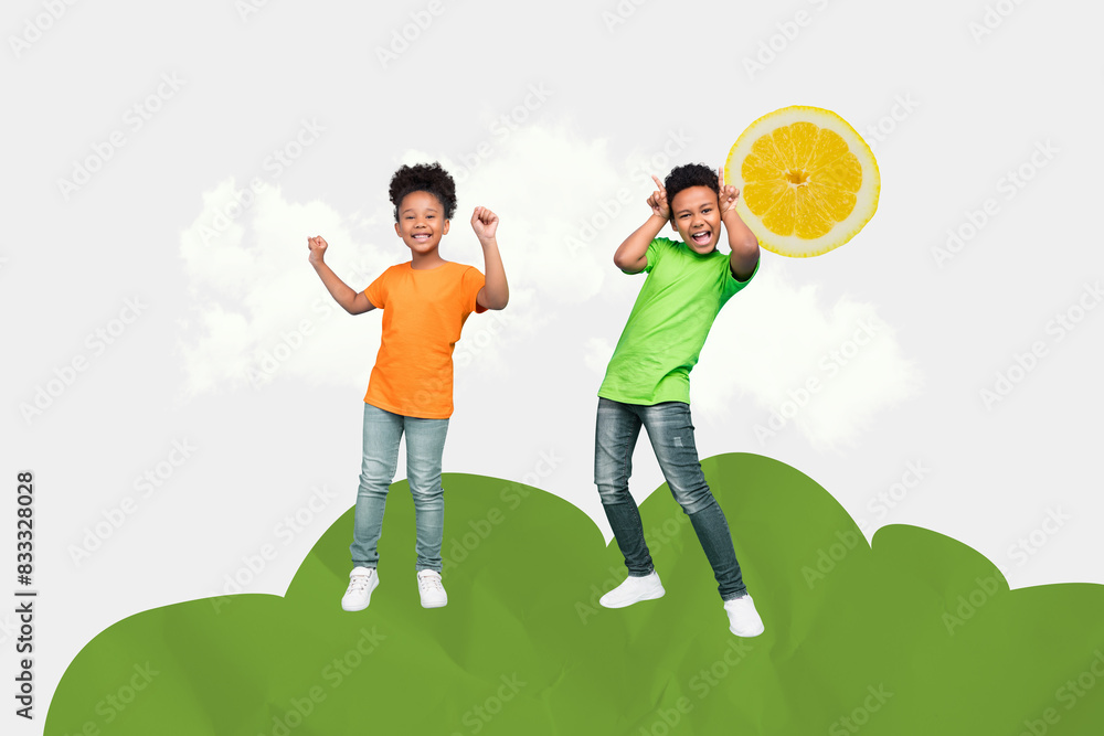 Sticker Composite collage picture image of two kids dancing have fun isolated on creative background