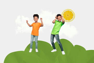 Composite collage picture image of two kids dancing have fun isolated on creative background