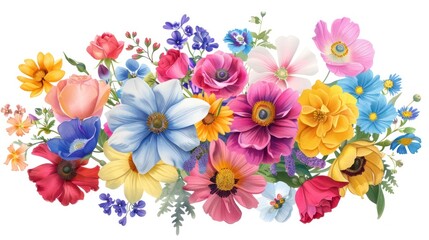 Naklejka premium A floral graphic with a variety of colorful flowers in a harmonious arrangement, bright and cheerful --ar 16:9 Job ID: aa0da315-e321-4844-9b37-a5dddd644466
