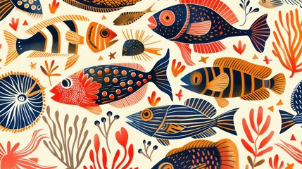 Naklejka premium Bold and colorful graphic pattern with various fish species and coral details --ar 16:9 Job ID: bdbf1391-47ad-4b50-ab04-59f6f6ea6fd9
